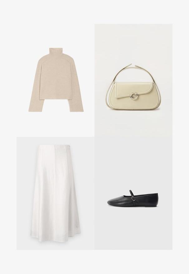 Suéter de punto acanalado beige de cuello alto con mangas largas y un diseño ajustado, que presenta un collar alto y un patrón de punto texturizado.; Falda midi blanca en línea A con una textura suave y una costura vertical en el centro, mostrada sobre un fondo liso.; Bailarinas de cuero negro con punta afilada, suela plana y una pequeña correa con detalle de hebilla plateada.; Bolso de mano de cuero beige con solapa curva, cierre circular plateado y asa corta superior sobre un fondo blanco liso.