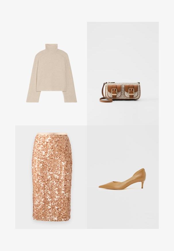 Suéter de punto acanalado beige de cuello alto con mangas largas y un diseño ajustado, que presenta un collar alto y un patrón de punto texturizado.; Falda lápiz de lentejuelas en tono oro rosa, hasta la rodilla. Presenta lentejuelas brillantes densamente distribuidas sobre una base de tela lisa. Los bordes son limpios y tiene una silueta ajustada.; Zapato de salón de cuero color canela con punta puntiaguda y tacón pequeño, con un diseño recortado en el lateral para mayor detalle y textura suave.; Bolso de mano de cuero marrón con un cuerpo de lona beige estampado, dos bolsillos frontales con hebillas doradas y una correa desmontable. Cierre con cremallera.