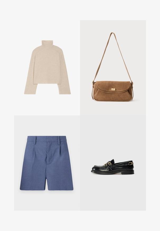 Beige ribbet turtleneck sweater med lange ærmer og en tætsiddende design, der har en høj krave og et tekstureret strikkemønster.; Blå skræddersyede shorts med bæltesløjfer, forstykker og en skjult lukning foran, vist mod en hvid baggrund.; Sorte læder loafers med en blank finish, der har to guldspænder og en lav hæl. Glat tekstur med rund tådesign.; Brun ruskind skuldertaske med en lang rem og en gylden rektangulær drejelåslås på den forreste klap mod en ensfarvet baggrund.