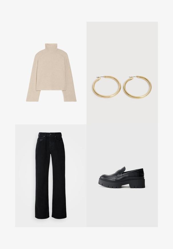 Beige ribbet turtleneck sweater med lange ærmer og en tætsiddende design, der har en høj krave og et tekstureret strikkemønster.; Sorte jeans med vide ben, lavet af bomuldsdenim. Har lukning med knapper foran, bæltestropper og design med fem lommer med diskret syning.; Sort klodset platform loafers med glat læderoverdel, dekorativ rem og tyk struktureret sål på hvid baggrund.; Par glatte, skinnende gyldne hoops-øreringe med tynde stænger og hængsel-låse på en ensfarvet lys baggrund.