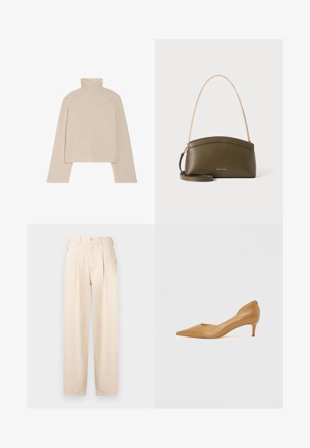 Beige ribbet turtleneck sweater med lange ærmer og en tætsiddende design, der har en høj krave og et tekstureret strikkemønster.; Beige plisserede bukser lavet af bomuldsblanding. Har lynlås foran, knaplukning og sidelommer med en afslappet pasform og lige ben.; Spids-tå tan læderpumpe med lille hæl, der har et udskåret design på siden for ekstra detaljer og glat tekstur.; Olivengrøn Michael Kors-håndtaske med guldkæde skulderrem, buet top og lille gyldent logo foran, vist mod hvid baggrund.