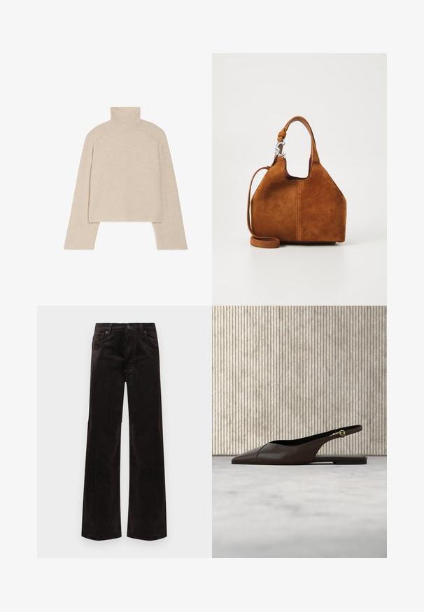 Beige geribbelde coltrui met lange mouwen en een slimfit ontwerp, voorzien van een hoge kraag en een gestructureerd breipatroon.; Zwarte wijde broek van corduroy met een hoge taille, voorzien van twee voorzakken en een knoopsluiting. Soepele textuur met verticale ribbels.; Donkerbruine leren platte slingbackschoen met spitse neus en gouden gesp, geplaatst op een beige tapijt nabij een ronde houten tafel.; Bruine suède handtas met een gestructureerde vorm, korte handgreep, verstelbare schouderriem en metalen accenten. Glad van structuur met een eenvoudig ontwerp.