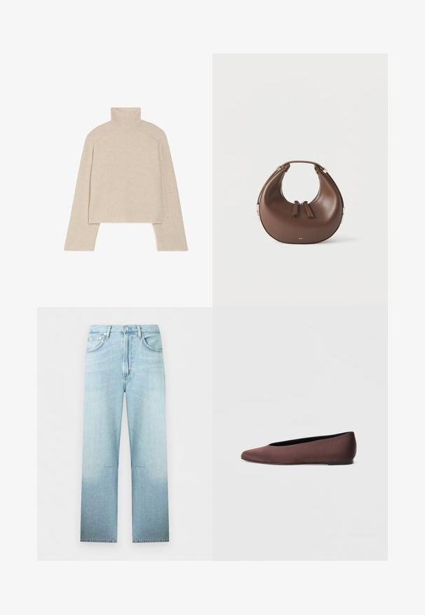 Suéter de punto acanalado beige de cuello alto con mangas largas y un diseño ajustado, que presenta un collar alto y un patrón de punto texturizado.; Vaqueros denim de pierna recta en azul claro, con cintura alta, botón y cremallera delanteros, y costura visible en la rodilla.; Zapatillas de ballet de tela marrón con punta puntiaguda y textura suave, con parte trasera baja y suela negra fina. Sin patrones visibles ni elementos metálicos.; Bolso de cuero marrón en forma de media luna con asa superior y dos cierres de cremallera sobre un fondo blanco.