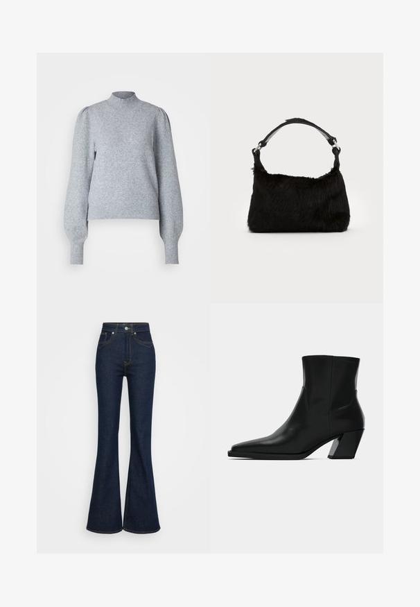 Pull en maille gris clair avec un col haut, de longues manches bouffantes et des poignets et un ourlet côtelés. Fait d'un tissu doux et texturé.; Jean en denim bleu foncé taille haute avec jambes évasées, poches avant et arrière, fermeture par bouton argenté et détails de couture orange.; Bottine en cuir noir avec un bout pointu, une silhouette élégante et un talon carré massif. Texture lisse avec des détails de couture minimalistes.; Sac à main en fausse fourrure noire avec une texture douce, une forme arrondie et une bandoulière en cuir noir robuste. Accent en métal argenté visible.