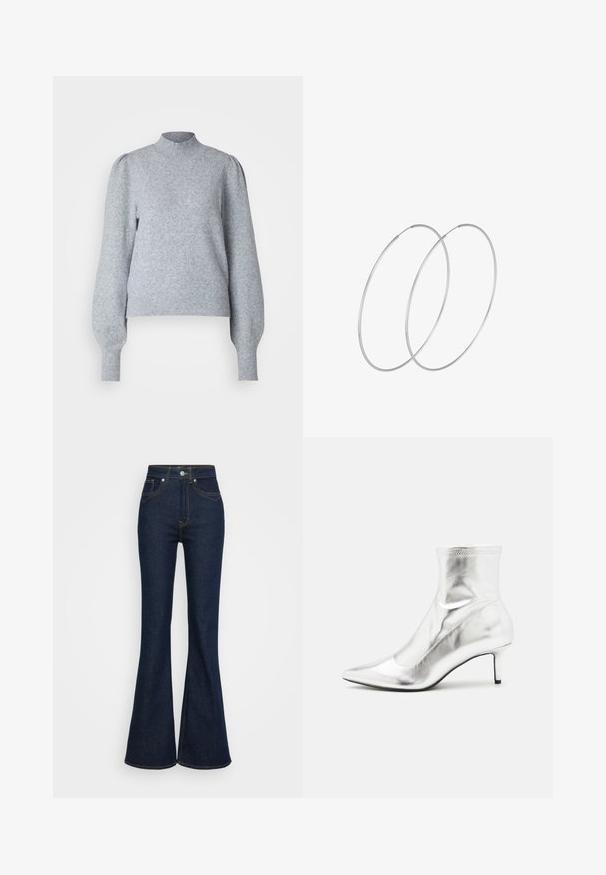 Lys grå pullover med høj hals, lange puffærmer og ribbede manchetter og nederkant. Fremstillet af blødt, tekstureret stof.; Mørkeblå højtaljede denimjeans med vippede ben, for- og baglommer, sølvfarvet knaplukning og orange syninger.; Sølvmetallic ankelstøvle med spids tå og slank hæl. Har en tætsiddende pasform og en glat, skinnende overflade. Sømaccenter på toppen.; Sølvøreringe med et minimalistisk design. Cirkulær form, glat tekstur og tynd profil. Letvægtige med en poleret overflade.