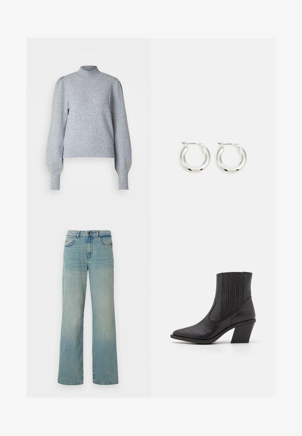 Lys grå pullover med høj hals, lange puffærmer og ribbede manchetter og nederkant. Fremstillet af blødt, tekstureret stof.; Lyseblå denimjeans med høj talje, brede ben og klassisk fem-lomme design. Har subtil falming og knaplukning.; Sorte ankelstøvler lavet af struktureret læder, med spidse tæer og en kraftig, skrånende hæl. Elastiske sidepaneler for nem påtagning.; Sølv hoop-øreringe med en poleret finish, der har en cirkulær form og en hængslet lukning. Glat tekstur med minimal detaljering.