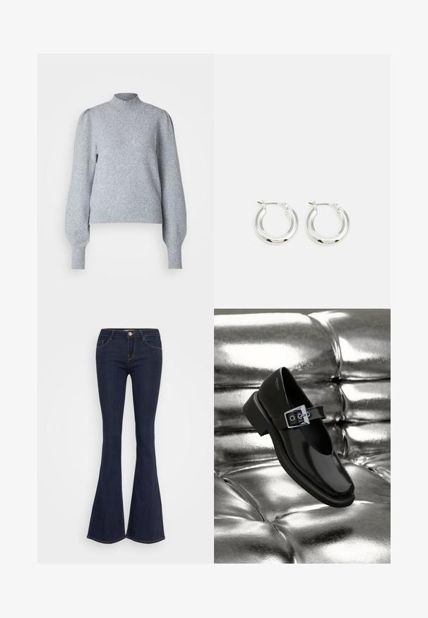 Pull en maille gris clair avec un col haut, de longues manches bouffantes et des poignets et un ourlet côtelés. Fait d'un tissu doux et texturé.; Jean flare en denim foncé avec une taille ajustée, dotée d'une fermeture à bouton sur le devant, d'un design à cinq poches et de coutures le long des jambes.; Chaussure Mary Jane en cuir noir avec un bout carré, un accent de boucle en argent et un talon bas épais, sur un fond argenté brillant.; Boucles d'oreilles en argent avec une finition polie, présentant une forme circulaire et une fermeture à charnière. Texture lisse avec un minimum de détails.