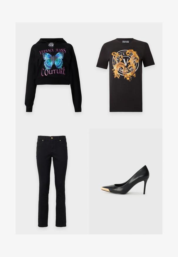 Must be värvitud must cropitud kapuutsiga, millel on sinise liblika graafika roheliste aktsentidega. Tekst "VERSACE JEANS COUTURE" on kirjutatud metallikroosas. Pehme tekstuur.; Must lühikeste varrukatega T-särk, millel on kuldne kaunistustega keerlev muster ja rinnal ringikujuline logo, millel on kiri "Versace Jeans Couture".; Mustadest denimist valmistatud teksased, mis on sirge lõikega, viie tasku disainiga, nööbiga kinnitamiseks ja kuldse tooni metallist detailidega. Pehme tekstuur ja minimaalne kujundus.; Mustmust suured mõõgapead; pöidla kurgus on metallist kullatooni aktsent. Sile pind ja peen disain.