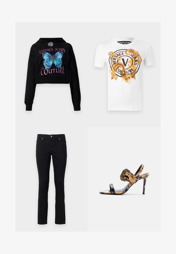 Sort cropped hoodie med et blåt sommerfuglegrafik med grønne detaljer. Teksten "VERSACE JEANS COUTURE" står i metallisk pink. Blød tekstur.; Hvid kortærmet t-shirt med et sort cirkulært "Versace Jeans Couture"-logo og udsmykkede gyldne barokstil-swirls på forsiden.; Sorte denimjeans med lige snit, fem-lomme design, knaplukning og hardware-accenter i guldtoner. Blød tekstur med minimal detaljer.; Sandel med høj hæl og åben tå, med sort og gyldent marmoreret mønster, ankelrem og udsmykket guldlåsdetalje på siden.