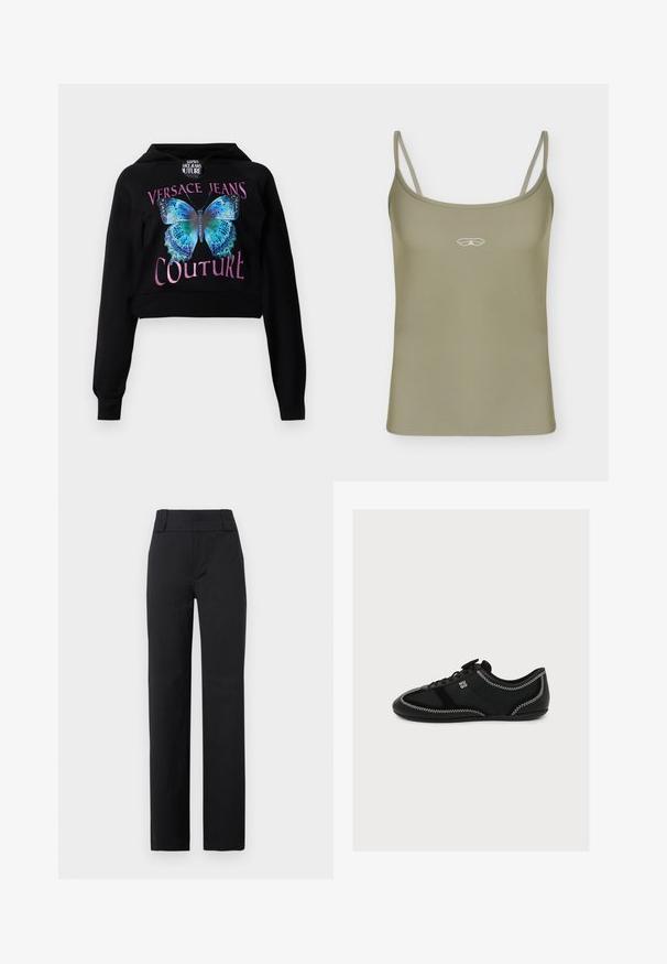 Mustat lyhyt cropped-huppari, jossa on sininen perhosta kuvaava graafinen printti vihreillä yksityiskohdilla. Teksti "VERSACE JEANS COUTURE" metallinhohtoisella vaaleanpunaisella. Pehmeä pinta.; Hihaton oliivinvihreä toppi, jossa on ohuet olkaimet ja pieni valkoinen geometrinen logo keskellä rintaa.; Musta, korkeavyötäröiset suoralahkeiset housut, joissa leveät vyölenkit, etuvetoketju ja istuva leikkaus, sopivat virallisille tai toimistokäyttöön.; Musta matala tennari, jossa valkoinen siksak-ommel ja "HUGO"-logo sivulla, jossa nauhakiinnitys ja tyylikäs siluetti.
