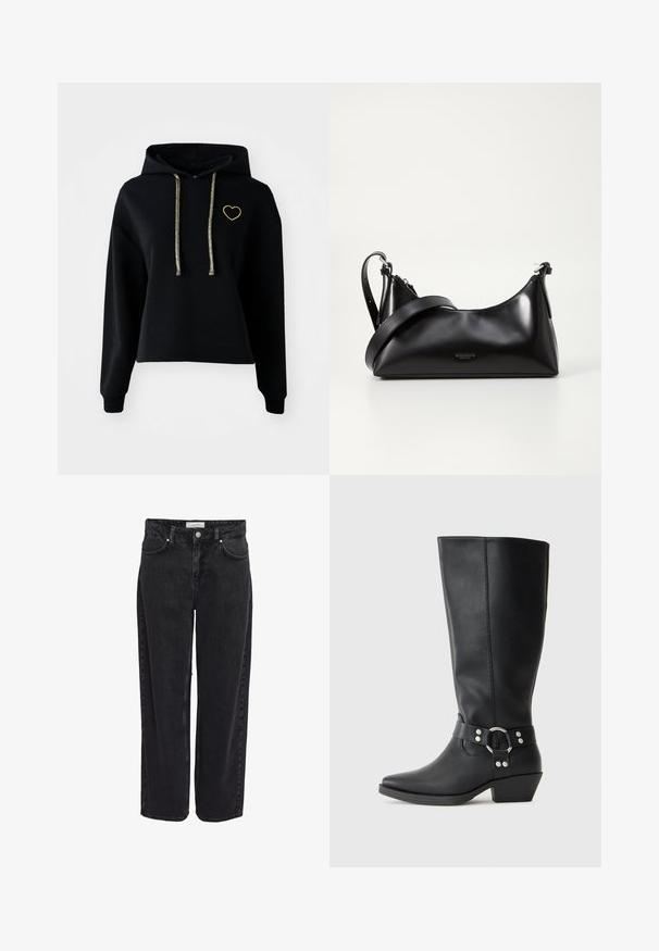 Sort cropped hættetrøje med en frontlomme, prydet med en guldfarvet hjertebrodering og skinnende guld snore. Lavet af blødt, tekstureret stof.; Sort denim bukser med vide ben og høj talje, fem-lomme design og lynlåsgylp. Glat tekstur med minimale synlige syningsdetaljer.; Sorte læderknæhøje støvler med spids tå, der har en dekorativ ankelrem og sølvfarvede hardware-detaljer. Lav stablet hæl.; Sort læderhåndtaske med en glat tekstur. Har en justerbar stropp og et enkelt, minimalistisk design med lynlås.
