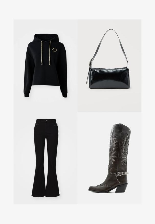 Schwarze, verkürzte Kapuzenpullover mit einer Vorderasche, ausgestattet mit einer goldenen Herzstickerei und glänzenden goldenen Kordeln. Hergestellt aus weichem, strukturiertem Stoff.; Schwarze, weit geschnittene Jeans mit hoher Taille, die über Vordertaschen und Reißverschlussakzente verfügt. Hergestellt aus Denim mit einer glatten Textur.; Schwarzer Leder-Cowboystiefel mit dekorativen Ausschnitten, silberner Schnalle und schräger Ferse, auf weißem Hintergrund dargestellt.; Schwarze rechteckige Schultertasche mit einem verstellbaren Riemen und einem oberen Reißverschluss vor einfachem Hintergrund.