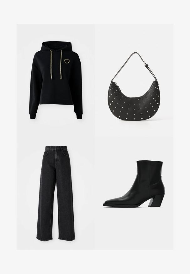 Zwarte cropped hoodie met een voorzak, voorzien van een gouden hartborduursel en glanzende gouden trekkoorden. Gemaakt van zachte, geweven stof.; Zwarte high-waisted wide-leg jeans van denim, met een klassiek vijf-pocket ontwerp en subtiele stikdetails.; Zwarte leren enkelboot met een spitse neus, een slanke silhoeet en een chunky vierkante hak. Gladde textuur met minimale stikdetails.; Zwarte leren handtas met een gebogen vorm, versierd met zilveren studs, voorzien van een ritssluiting en een enkele verstelbare schouderband.
