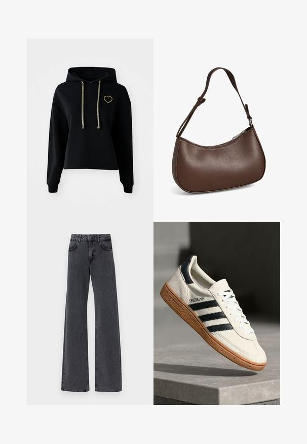 Sort cropped hættetrøje med en frontlomme, prydet med en guldfarvet hjertebrodering og skinnende guld snore. Lavet af blødt, tekstureret stof.; Sorte denim flared jeans med høj talje, der har to forlommer og subtile syninger langs sømmene.; Hvide ruskinds sneakers med marineblå striber, gummisål, struktureret overdel, rund tå og snøring; har branding på siden og tungen.; Lille brun skuldertaske i læder med justerbar rem og lynlåslukning, vist mod hvid baggrund. Ingen synligt branding eller dekorationer.