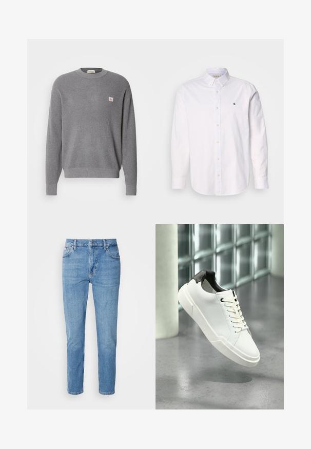 Grijze gebreide trui met lange mouwen en ribbelstructuur, voorzien van een klein vierkant CK-logo op de linkerborst en een ronde hals.; Witte button-up shirt gemaakt van katoen, met een klassieke kraag, lange mouwen en een klein CK-logo op de linkerborst. Glad oppervlak.; Lichtblauwe denim jeans met een rechte pasvorm, vijf zakken en subtiele vervaging. Voorzien van een knoopsluiting en riemlussen.; Witte lage sneaker met zwarte, gestructureerde hielkap, witte veters en dikke zool op een gepolijste betonnen vloer nabij glazen blokken.