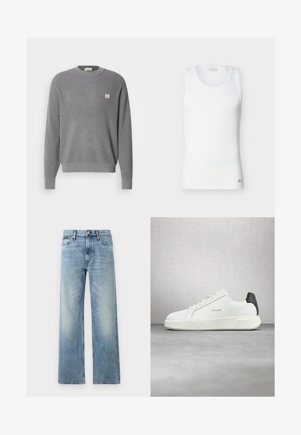Grijze gebreide trui met lange mouwen en ribbelstructuur, voorzien van een klein vierkant CK-logo op de linkerborst en een ronde hals.; Witte geribbelde mouwloze tanktop met ronde halslijn en een klein Calvin Klein-logo labeltje bij de zoom op een effen achtergrond.; Lichtblauwe denim jeans met rechte pijpen, een hoge taille, vijf zakken, knoopsluiting en subtiele vervaging op de dijen en knieën.; Witte sneakers met een bovenwerk van glad leer, platte veters en een verhoogde witte zool. Heeft een zwart accent bij de hiel en een geprofileerd logo.