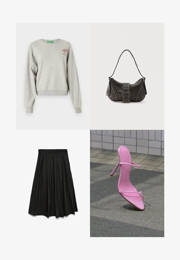 Lichtgrijze cropped sweatshirt van zacht materiaal, met lange mouwen, geribbelde manchetten en een klein rood geborduurd cherubijnontwerp op de borst.; Zwarte geplooide midi-rok met een hoge tailleband, uitlopende silhouet en zachte stoftextuur.; Roze sandalet met hoge hak en dunne bandjes, rechtopstaand op een asfaltoppervlak tegen een achtergrond van betegelde muur.; Zwarte leren schoudertas met gespsluiting aan de riem, afgeronde hoeken en contrasterende witte stiksels op een effen achtergrond.