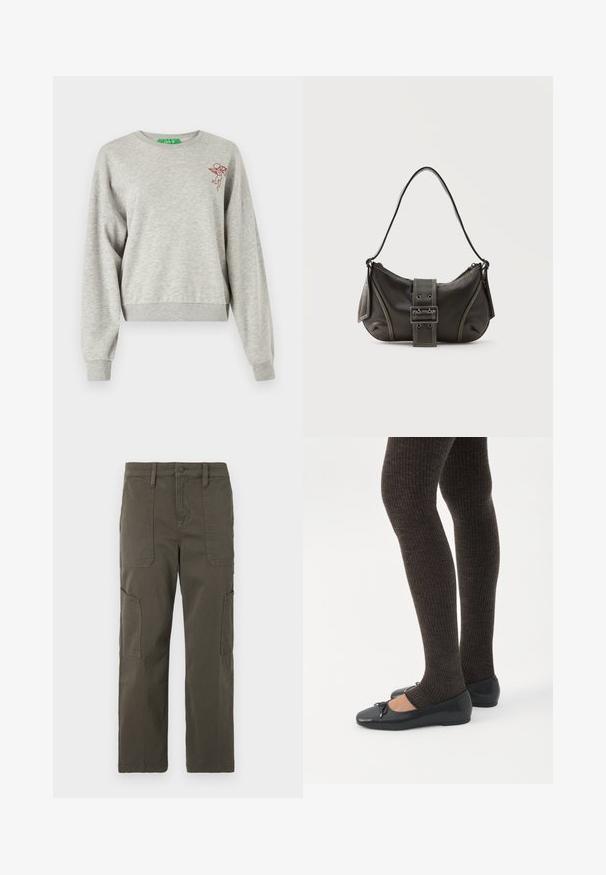 Heled hall kaelusega lühendatud pusake, mis on valmistatud pehmest kangast. Sellel on pikad varrukad, ribaga mansetid ja rinnal väike punane tikanditega beebiingel.; Good American CROPPED PANTS - Kargopüksid - fatigue; Jalad seljas tumedad soonelises soonelises kombines mustade baleriinadega, millel on väikesed paelade detailid valgel taustal.; Mustast nahast õlakott pandlanööriga detailiga, kõverate servade ja kontrastse valge õmblusega tavalise tausta peal.