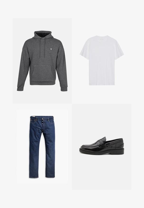 Hoodie gris avec un design texturé en tricot gaufré. Il présente une poche avant, une capuche réglable avec cordon de serrage et un petit logo brodé.; T-shirt en coton blanc à manches courtes, col rond et texture lisse. Présente un branding minimal au niveau du col.; Jean en denim bleu foncé avec une coupe droite, des coutures contrastées, une fermeture à boutons et un style à cinq poches.; Mocassins en cuir noir avec une finition lisse, un bout rond, un petit talon et descoutures décoratives à l'avant. Semelle en caoutchouc pour l'adhérence.