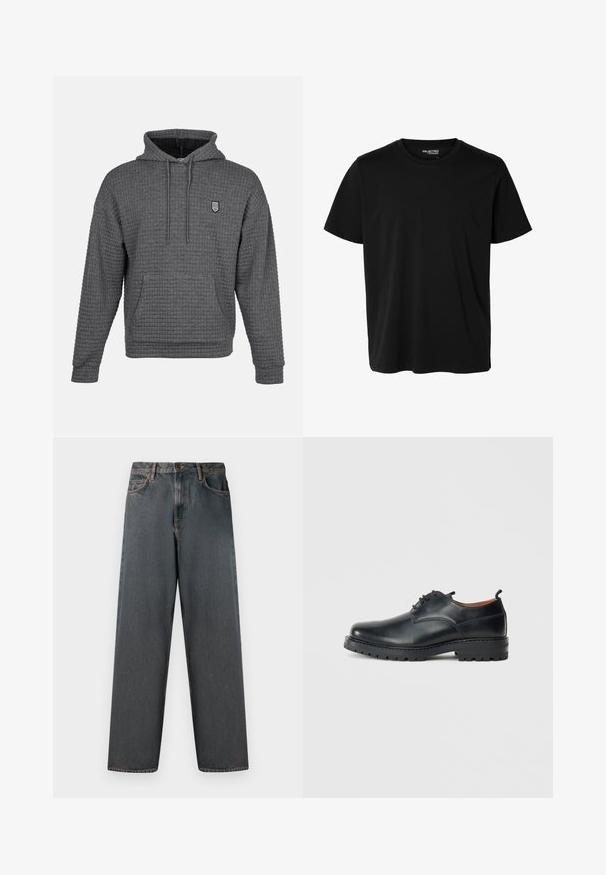 Hoodie gris avec un design texturé en tricot gaufré. Il présente une poche avant, une capuche réglable avec cordon de serrage et un petit logo brodé.; T-shirt noir uni à manches courtes et col rond pour homme, sans motifs ni logos visibles à l’avant.; Jean en denim gris foncé avec une coupe droite, cinq poches et une fermeture à bouton et zip. Le tissu présente un léger dégradé et des coutures.; Chaussures derby en cuir noir avec une texture lisse, bout rond, design à lacets et une semelle en caoutchouc épaisse et robuste.