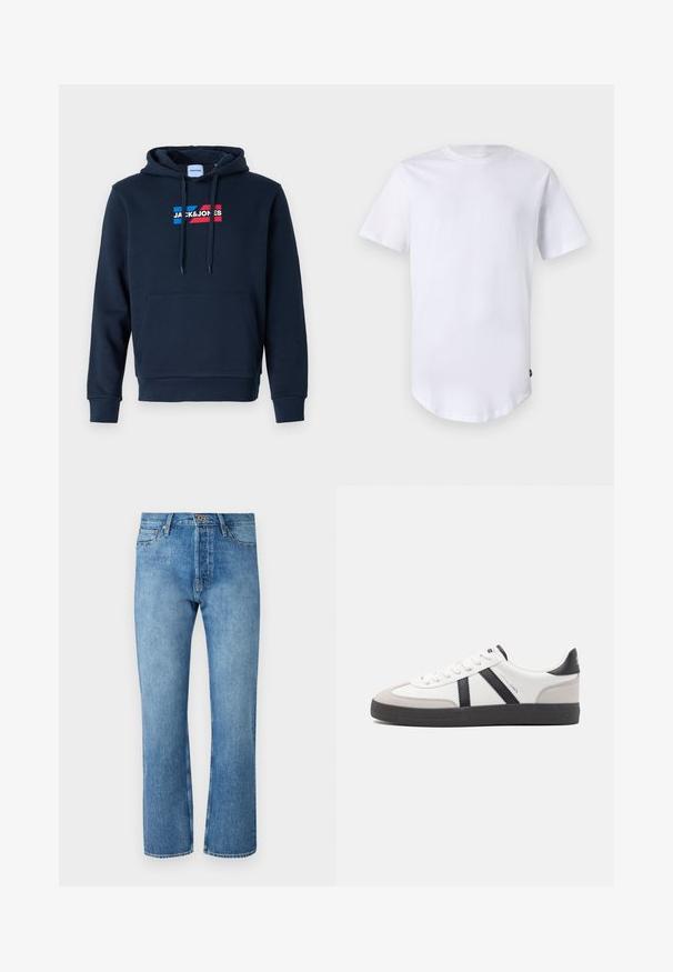 Σκούρο μπλε hoodie με μπροστινή τσέπη καγκουρό, κουκούλα με κορδόνι και λογότυπο σε κόκκινο και μπλε χρώμα, με απαλή και λεία υφή και ριμπ μανσέτες.; Λευκό κοντομάνικο μπλουζάκι από βαμβάκι. Σχέδιο με στρογγυλή λαιμόκοψη και καμπυλωτό στρίφωμα. Ετικέτα ορατή στην κάτω αριστερή πλευρά. Λείος υφασμάτινος χαρακτήρας.; Ένα φωτεινό μπλε τζην παντελόνι με ίσια γραμμή, διαθέτει κλασικό σχέδιο πέντε τσεπών, κουμπί κλεισίματος και αντίθετη ραφή.; Λευκό αθλητικό παπούτσι με μαύρες και γκρί λεπτομέρειες, featuring ένα υφή γκρί καλύμμα δαχτύλου, μαύρη καουτσούκ σόλα και επίπεδες λευκές κορδόνες. Καθαρός σχεδιασμός, μινιμαλιστικό στυλ.