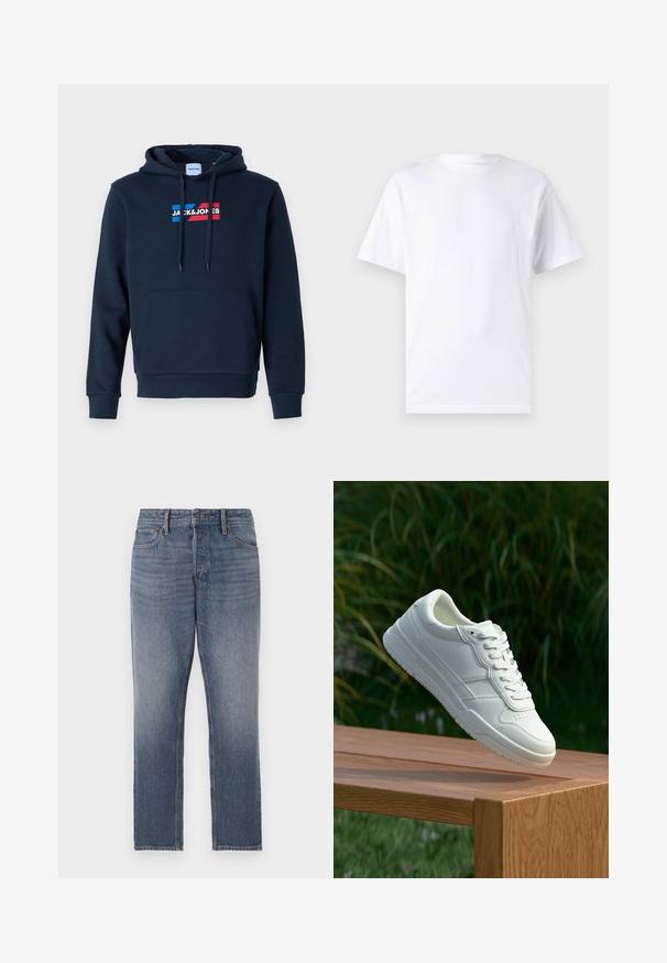 Σκούρο μπλε hoodie με μπροστινή τσέπη καγκουρό, κουκούλα με κορδόνι και λογότυπο σε κόκκινο και μπλε χρώμα, με απαλή και λεία υφή και ριμπ μανσέτες.; Λευκό κοντομάνικο μπλουζάκι από βαμβάκι με στρογγυλή λαιμόκοψη, διαθέτοντας λεία υφή και απλό σχέδιο χωρίς μοτίβα ή διακοσμήσεις.; Σκούρες μπλε τζιν παντελόνες, ίσιες γραμμές, με ξεθωριασμένο φινίρισμα, πέντε τσέπες και χάλκινες λεπτομέρειες. Καθαρή, κλασική εμφάνιση.; Λευκό δερμάτινο sneaker με λεία υφή, διαθέτοντας διάτρητο σχέδιο, κλασική δαντέλα και καουτσούκ σόλα, τοποθετημένο πάνω σε ξύλινη επιφάνεια.