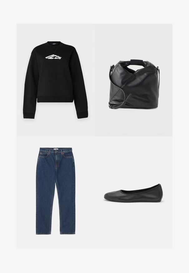 Sweatshirt noir avec un col rond, des manches longues et un design de logo blanc sur la poitrine. Fabriqué à partir d'un tissu doux et texturé.; RE/DONE LOOSE LONG - Jean droit - dark blue denim; Ballerines en cuir noir avec un bout rond, texture lisse, détails de couture minimalistes et design de semelle flexible.; Sac à main en cuir noir avec design enveloppant, petite poignée supérieure et bandoulière réglable sur fond blanc.