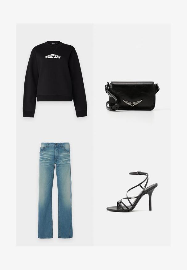 Sweatshirt noir avec un col rond, des manches longues et un design de logo blanc sur la poitrine. Fabriqué à partir d'un tissu doux et texturé.; Jean en denim bleu clair avec une coupe droite, délavé, cinq poches et une fermeture à bouton. Coutures visibles accentuées.; Sandale noire à talons hauts avec des brides fines, une boucle à la cheville, une surface en cuir lisse et un talon aiguille élancé.; Sac en cuir noir à bandoulière avec un design à rabat, présentant des accents d'aile en argent et une finition texturée. Sangle réglable incluse.