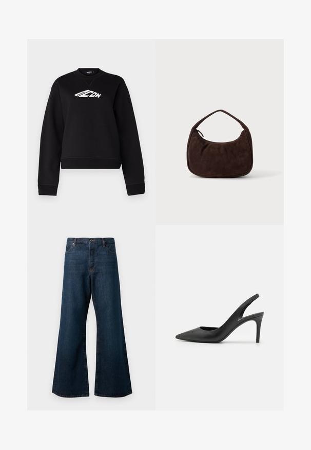 Sweatshirt noir avec un col rond, des manches longues et un design de logo blanc sur la poitrine. Fabriqué à partir d'un tissu doux et texturé.; Jean large en denim bleu foncé, avec une taille haute, un design à cinq poches et des coutures orange contrastantes le long des coutures.; Escarpins à talon aiguille en cuir noir, avec un design à bout pointu, présentant une découpure à l'avant et un talon fin.; Sac à main en daim marron foncé avec une courte sangle et une forme rectangulaire arrondie sur un fond uni clair.