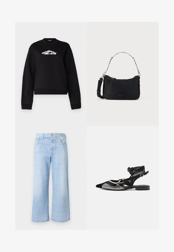Sweatshirt noir avec un col rond, des manches longues et un design de logo blanc sur la poitrine. Fabriqué à partir d'un tissu doux et texturé.; Jean denim bleu clair à jambe large avec poches avant, passants pour ceinture, bouton en métal et fermeture éclair.; Sandale plate noire et métallique à bout pointu avec bride à la cheville et détail en maille nouée sur fond blanc.; Sac d'épaule en tissu noir avec fermeture éclair supérieure, bandoulière chaîne et cuir, et une pièce de logo texturée à l'avant. Présente un extérieur lisse.