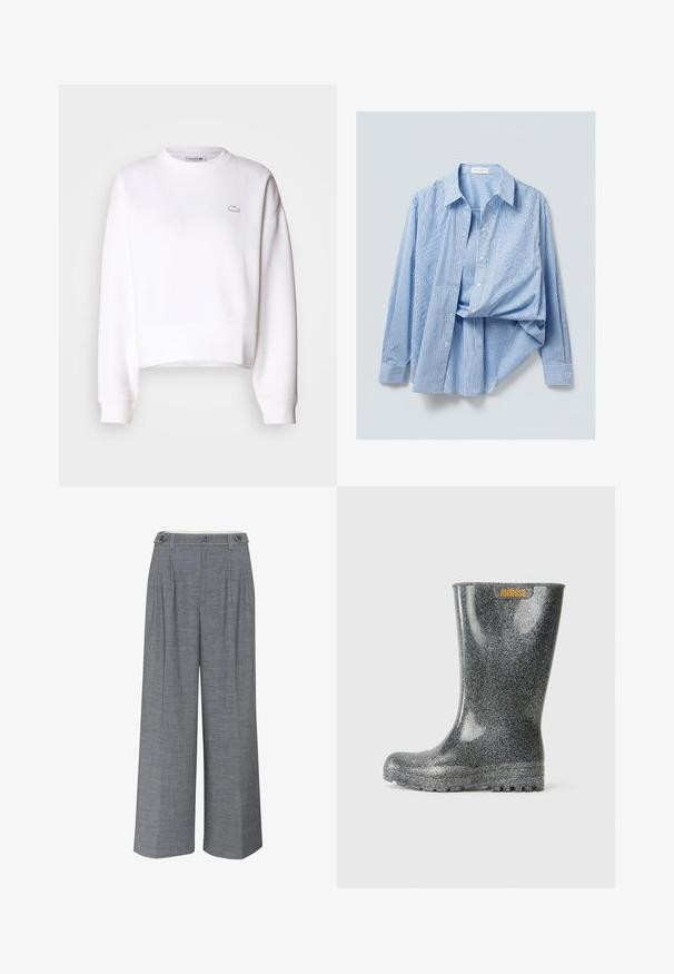 Hvid cropped sweatshirts, bomuldsblanding, rund halsudskæring, lange ærmer, ribbede manchetter, med et lille Lacoste-logo på brystet.; Lyseblå og hvide vertikalt stripede skjorte med knapper, lange ærmer og spredt krave, vist hængende med den ene side foldet.; Grå bukser med bred benåbning lavet af tekstureret stof, der har dobbelt knaplukning og frontfolder for ekstra designdetaljer.; Glitrende sorte gummistøvler lavet af blankt materiale, med rund tå og tekstureret sål. Lys orange "melissa" logo på siden.