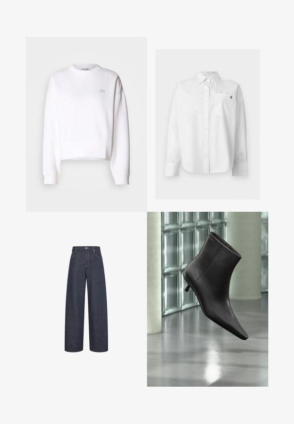 Hvid cropped sweatshirts, bomuldsblanding, rund halsudskæring, lange ærmer, ribbede manchetter, med et lille Lacoste-logo på brystet.; Hvid langærmet skjorte med knapper, spids krave og forlomme med lille sort "CK" logo på venstre bryst.; Mørkeblå vidde jeans med knaplukning foran og lommer, vist mod en hvid baggrund.; Sort læderankelstøvle med spids tå og lille hæl vist mod en væg af glasblokke og poleret gulv baggrund.