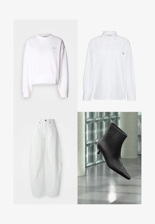 Sweatshirt blanc court, en mélange de coton, col rond, manches longues, poignets côtelés, avec un petit logo Lacoste sur la poitrine.; Chemise blanche à manches longues avec boutons, col pointu et petit écusson logo Calvin Klein sur la poche poitrine gauche.; Pantalons en denim blancs taille haute avec une coupe ample. Dotés d'une fermeture à bouton, de poches latérales et d'un design minimaliste. Texture lisse.; Bottine en cuir noir avec bout pointu et petit talon, présentée devant un mur en blocs de verre et un sol poli.