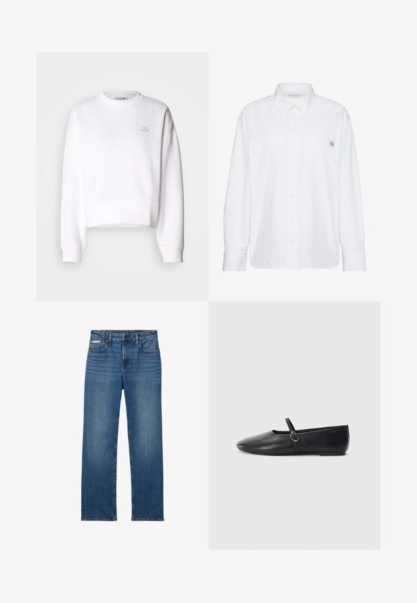 Weißer Cropped-Sweatshirt aus Baumwollmischung, mit Rundhalsausschnitt, langen Ärmeln, gerippten Bündchen und kleinem Lacoste-Logo auf der Brust.; Weißes langärmeliges Hemd mit Knopfleiste, spitzem Kragen und kleinem Calvin Klein-Logo auf der linken Brusttasche.; Blaue Straight-Leg-Denim-Jeans mit Gürtelschlaufen, Knopf- und Reißverschluss sowie vorderen und hinteren Taschen, mit kleinem Calvin Klein Label.; Schwarze Leder-Ballettschuhe mit spitzem Schuhzeug, flacher Sohle und einem kleinen Riemen mit silberner Schnalle.