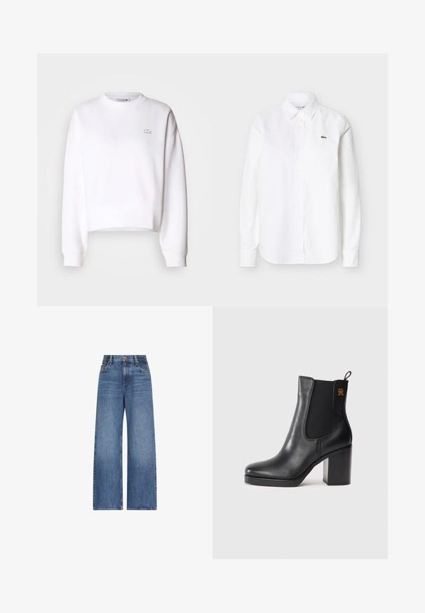 Weißer Cropped-Sweatshirt aus Baumwollmischung, mit Rundhalsausschnitt, langen Ärmeln, gerippten Bündchen und kleinem Lacoste-Logo auf der Brust.; Weißes, langärmliges Hemd mit Knöpfen und Kragen, mit einem kleinen grünen Krokodil-Logo auf der linken Brust.; Blaue High-Waist-Jeans mit weitem Bein, Frontknopf und Reißverschluss, Gürtelschlaufen und klassischem Fünf-Taschen-Design.; Schwarze Leder-Ankle Boots mit Blockabsatz, elastischem Seitenpanel, Zuglasche und kleinem goldenen Logo an der Oberseite.