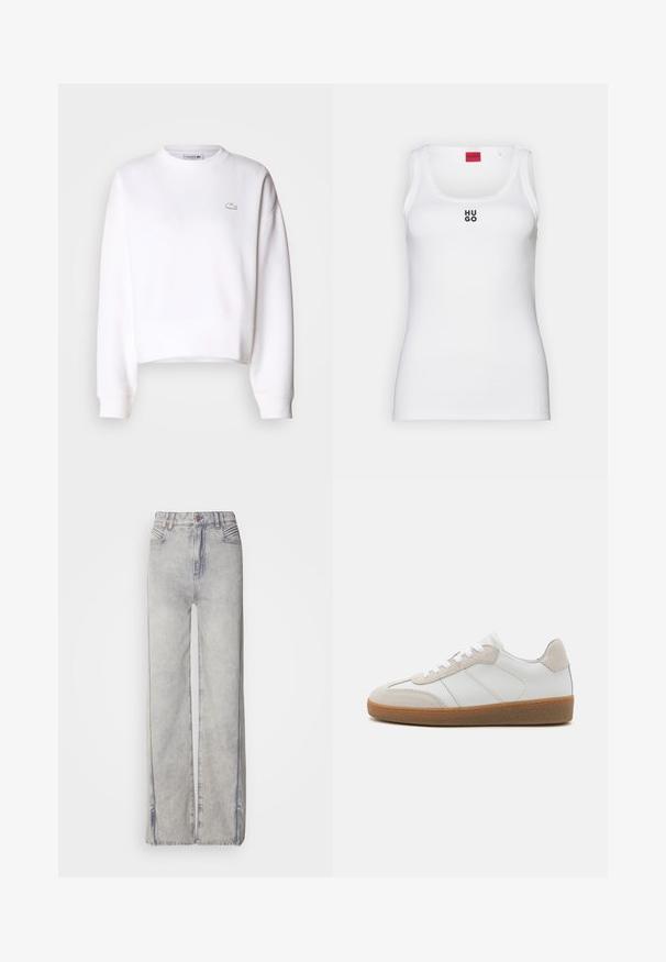 Hvid cropped sweatshirts, bomuldsblanding, rund halsudskæring, lange ærmer, ribbede manchetter, med et lille Lacoste-logo på brystet.; Hvid tanktop lavet af bomuld, med et enkelt design og en rund halsudskæring samt et sort "HUGO" logo i midten. Glat tekstur.; Lyseblå vid-leg jeans lavet af denim med en falmet vask, der har lynlås, fem lommer og kontraststikning.; Hvide lædersneakers med beige ruskindsdetaljer, struktureret tunge og gummisål. Har hvide snørebånd og diskrete stikninger.