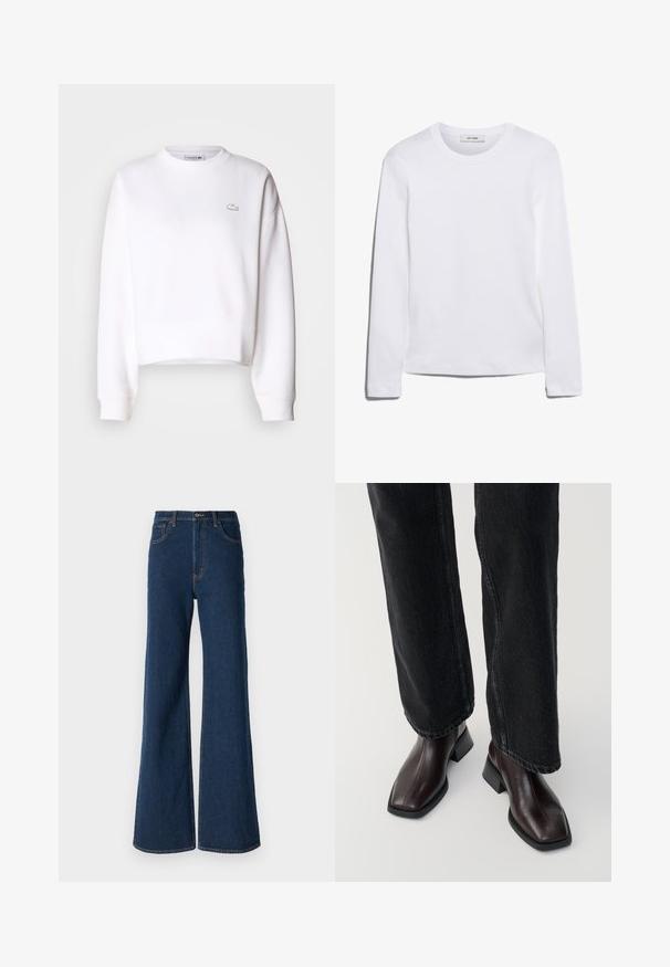 Sweatshirt blanc court, en mélange de coton, col rond, manches longues, poignets côtelés, avec un petit logo Lacoste sur la poitrine.; T-shirt blanc à manches longues en coton côtelé, avec un col rond et un ourlet droit. Design simple sans motifs ni accents.; Abercrombie & Fitch Jean boyfriend - rinse; Bottines en cuir marron avec un orteil carré et un talon carré, associées à un jeans noir à jambes larges. Texture lisse et design minimaliste.