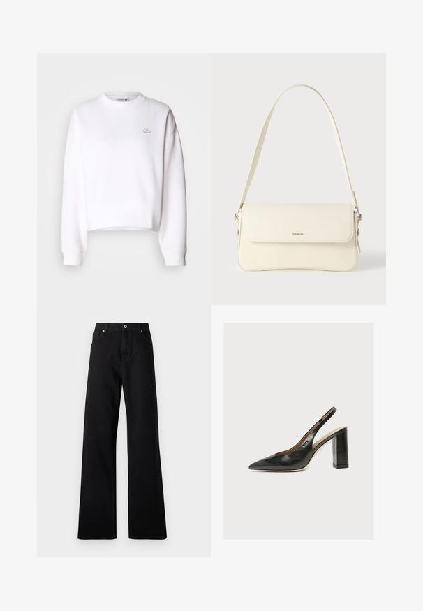 Weißer Cropped-Sweatshirt aus Baumwollmischung, mit Rundhalsausschnitt, langen Ärmeln, gerippten Bündchen und kleinem Lacoste-Logo auf der Brust.; Schwarze weit geschnittene Jeans aus Denim mit einem Fünf-Taschen-Design, vorderem Knopfverschluss und dezenten Nähdetails.; Schwarzer Leder-Damenslingback-Schuh mit spitzer Zehenpartie und dickem hohem Blockabsatz vor weißem Hintergrund.; Schultertasche aus cremefarbenem Leder mit Klappverschluss, silbernen Beschlägen, einem verstellbaren Riemen und einem dezenten Logodetail.