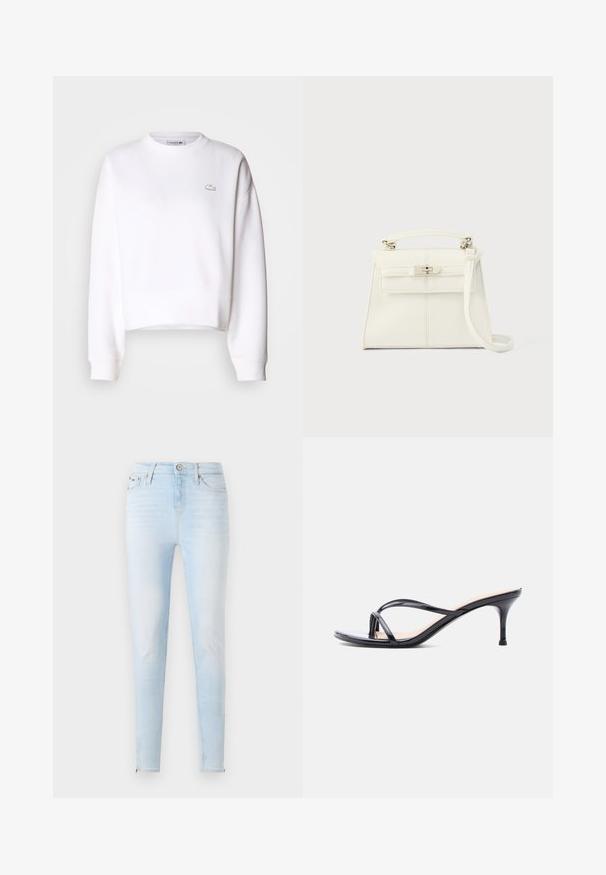 Witte cropped sweatshirt, van een katoenmix, met een ronde hals, lange mouwen, ribgebreide manchetten, featuring een klein Lacoste-logo op de borst.; Lichtblauwe skinny jeans met knoop aan de voorkant, rits en zakken, afgebeeld op een effen lichte achtergrond.; Zwarte laklederen sandaal met hakken, dunne gekruiste bandjes en een slanke, middelhoog stilettohak op een witte achtergrond.; Witte leren handtas met een gestructureerde vorm, bovenhandvat, afneembare schouderriem en een zilverkleurige sluiting. Gladde textuur, minimalistisch design.