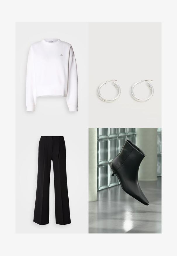 Hvid cropped sweatshirts, bomuldsblanding, rund halsudskæring, lange ærmer, ribbede manchetter, med et lille Lacoste-logo på brystet.; Sorte bukser lavet af glat stof, med høj talje, bred ben silhuet og to frontfolder for ekstra design detaljer.; Sort læderankelstøvle med spids tå og lav kitten-hæ, vist vinklet mod en poleret gulv- og glasblokvæg.; Par mellemstore skinnende sølv hoops øreringe med tynde metal spænder på en lys neutral baggrund.