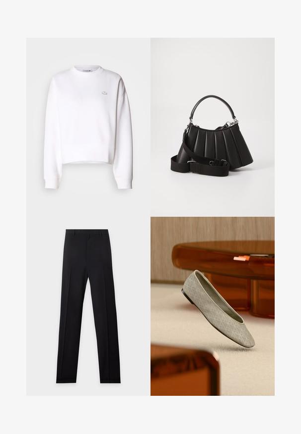 Weißer Cropped-Sweatshirt aus Baumwollmischung, mit Rundhalsausschnitt, langen Ärmeln, gerippten Bündchen und kleinem Lacoste-Logo auf der Brust.; Schwarze, maßgeschneiderte formelle Hose mit Gürtelschlaufen, geraden Beinen und gebügelten Bügelfalten vorne auf hellgrauem Hintergrund.; Beiger Ballerinaschuh mit geometrischem Muster schwebt über einem hellen Teppich in einem modernen Zimmer mit bernsteinfarbenen Möbeln.; Schwarze, gefaltete Handtasche mit einem runden Griff, verstellbarem Schulterriemen und glänzender Textur. Verfügt über silberne Hardware und eine strukturierte Silhouette.