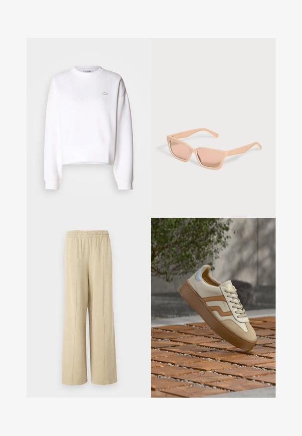 Weißer Cropped-Sweatshirt aus Baumwollmischung, mit Rundhalsausschnitt, langen Ärmeln, gerippten Bündchen und kleinem Lacoste-Logo auf der Brust.; Beige weit geschnittene Hose mit einem elastischen Bund und sichtbaren Seitennähten. Hergestellt aus weichem Stoff mit glatter Textur.; Beige Ledersneaker mit einer strukturierten, hellbraunen Wildlederkappe. Verfügt über beigen Schnürsenkel und braune Gummisohle, akzentuiert durch goldene Marken- und Nahtdetails.; Rechteckige Sonnenbrille in Hellpfirsich mit dicken Rahmen und passenden getönten Gläsern vor hellem, einfarbigem Hintergrund.