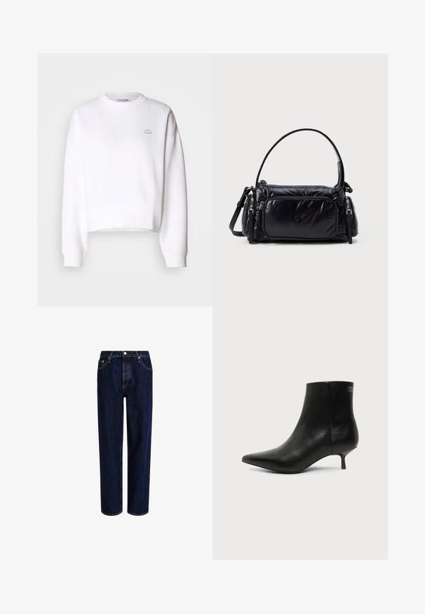 Hvid cropped sweatshirts, bomuldsblanding, rund halsudskæring, lange ærmer, ribbede manchetter, med et lille Lacoste-logo på brystet.; Mørkeblå denim jeans med lige ben-design, der har høj talje, fem-lomme-stil og kontrastsyninger. Ingen dekorationer.; Sort læder ankelstøvle med spids tå og lav kitten hæl på lys baggrund, der viser yderside.; Sort nylon håndtaske med et puffet design, rund skulderrem, frontlomme med lynlås og et subtilt logo prentet på forsiden.
