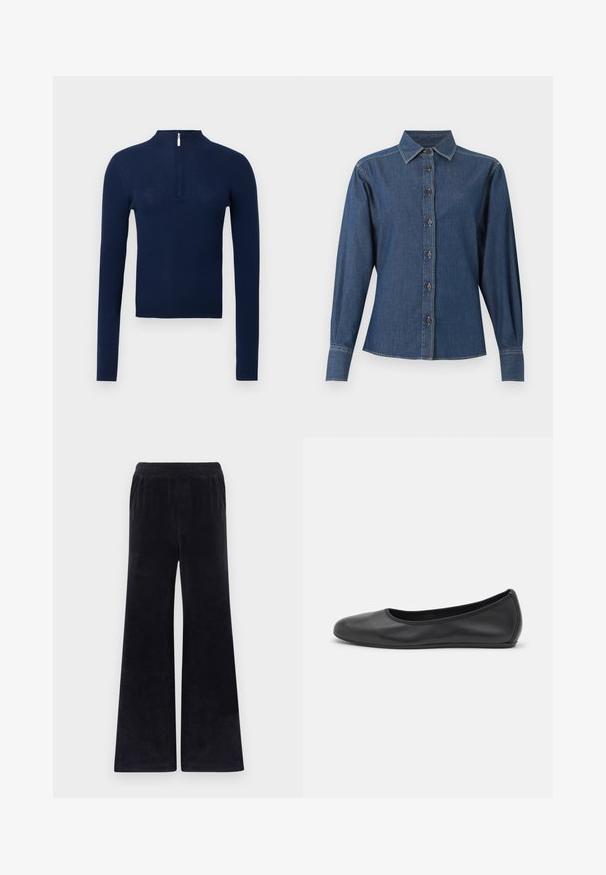 Pull côtelé bleu marine avec un col montant et une demi-fermeture éclair à l'avant. Manches longues, tissu texturé et coupe ajustée.; Chemise en denim bleu foncé à manches longues avec boutons sur le devant, col pointu et coutures blanches visibles le long des coutures et des poignets.; Pantalon noir à jambes larges en tissu doux, doté d'une taille élastique, d'une texture lisse, sans poches visibles ni accessoires.; Ballerines en cuir noir avec un bout rond, texture lisse, détails de couture minimalistes et design de semelle flexible.
