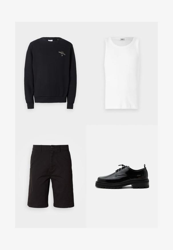 Schwarzes Sweatshirt aus Baumwolle, mit Rundhalsausschnitt, gerippten Bündchen und Saum sowie goldener, gestickter Schrift auf der Brust.; Weißes Baumwoll-Tanktop ohne Ärmel mit Rundhalsausschnitt und glatter Textur. Einfaches Design, ohne Muster oder Akzente.; Schwarze Shorts aus einem leichten Stoff, mit Knopfleiste, Gürtelschlaufen, Seitentaschen und geradem Schnitt mit umgeschlagenen Säumen.; Schwarzer polierter Lederschnürschuh mit dicker Gummisohle und niedrigem Absatz, seitlichem Marken-Schriftzug "SAMSOE" und hinterer Zuglasche.