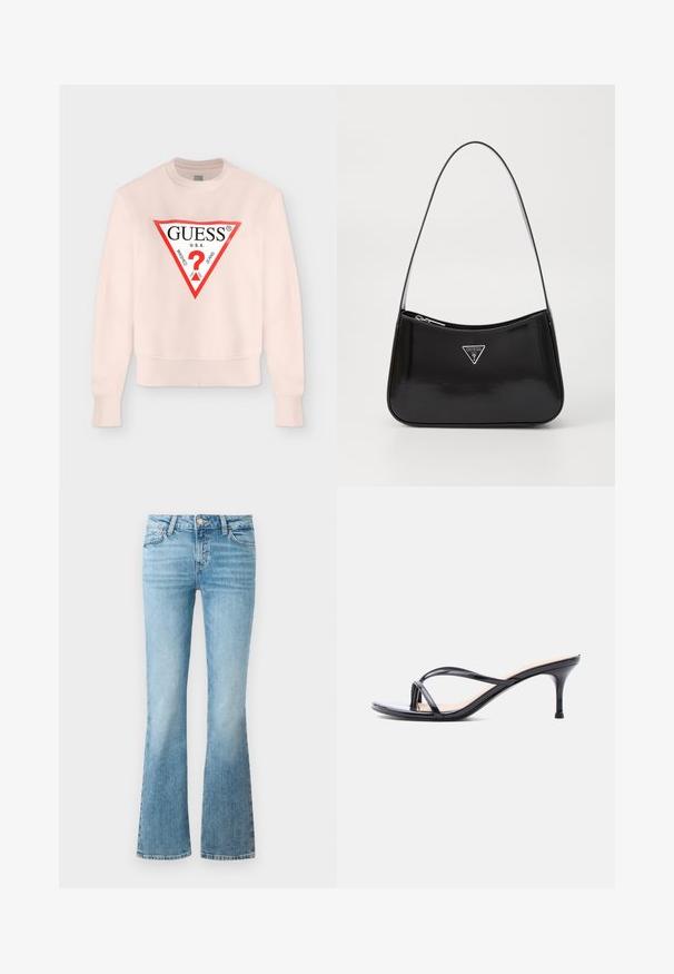 Sweat-shirt rose clair à manches longues avec un logo triangulaire bordé de rouge affichant "GUESS U.S.A." et un point d'interrogation rouge au centre.; Jean flare en denim bleu clair avec poches avant, passants de ceinture et fermeture à bouton.; Sandale à talon en cuir verni noir avec fines lanières croisées et talon aiguille moyen et élancé sur fond blanc.; Sac à épaule en cuir verni noir avec une forme incurvée, présentant un logo triangle en argent et une fermeture éclair. Texture lisse et bandoulière fine.