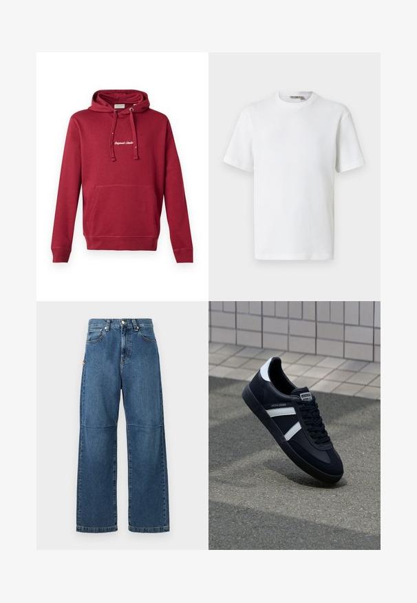 Rød bomulds hoodie med en frontlomme, snor i hætten, ribbede manchetter og broderet "Originals Studio" logo på brystet.; Hvid kortærmet t-shirt i vaffelmønster med rund hals og et lille mærke med brandnavn inde i kraven, vist på en ensfarvet baggrund.; Blå denim jeans med afslappet pasform, lige ben, synlige sømme og lukkes med en knap foran. Har en sidelomme med accent.; Sort lædersneaker med hvide striber, tekstureret gummisål og snørrebånd foran. Har et brandet mærke på tungen.