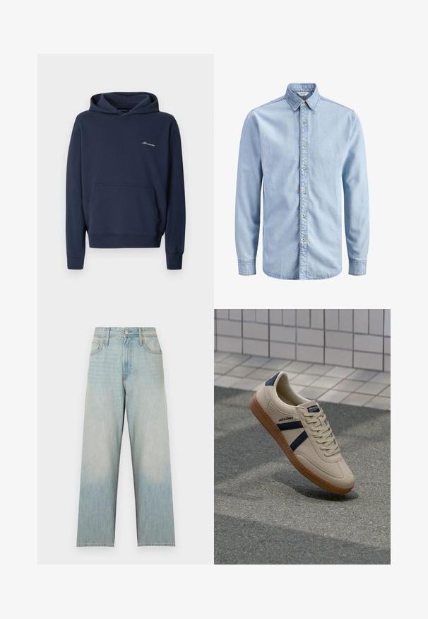 Sweat à capuche bleu marine avec poche kangourou à l'avant et petit logo blanc "Abercrombie" sur le côté gauche de la poitrine, présenté sur un fond uni.; Chemise en denim bleu clair à manches longues avec col boutonné et une rangée de sept boutons beige sur le devant.; Jean en denim bleu clair taille haute, coupe droite, avec poches avant, passants de ceinture et fermeture par boutons.; Baskets beiges avec une finition texturée, bandes navy et semelle en caoutchouc. Équipées d'une languette rembourrée et d'un système de laçage traditionnel pour un maintien sécurisé.