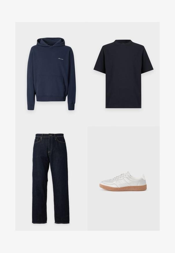Sweat à capuche bleu marine avec poche kangourou à l'avant et petit logo blanc "Abercrombie" sur le côté gauche de la poitrine, présenté sur un fond uni.; T-shirt noir uni à col rond et manches courtes, présenté à plat sur un fond blanc.; Jean droit bleu foncé avec bouton et fermeture éclair à l’avant, passants de ceinture, poches avant et arrière, et surpiqûres contrastantes.; Baskets argentées avec une texture lisse, un design à lacets, des accents perforés et une semelle en caoutchouc marron texturé.