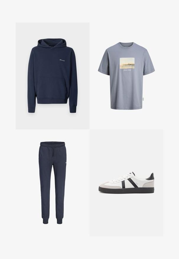 Sweat à capuche bleu marine avec poche kangourou à l'avant et petit logo blanc "Abercrombie" sur le côté gauche de la poitrine, présenté sur un fond uni.; T-shirt bleu clair à manches courtes avec une photo d'un quai côtier et le texte « Originals Studio » imprimé à l'avant.; Pantalon de jogging bleu marine avec taille élastique et cordon de serrage, poignets côtelés, et petit logo blanc sur la partie supérieure de la cuisse gauche.; Baskets blanches avec des accents noirs et gris, présentant un embout texturé gris, une semelle en caoutchouc noir et des lacets plats blancs. Design épuré, style minimaliste.